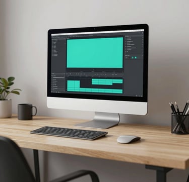 A minimalist and sophisticated wide shot of a creative studio. On a sleek, light wood desk sits a large monitor displaying a vibrant, teal-colored motion graphics project. The lighting is soft and natural, emphasizing a professional craftsmanship vibe. The color palette includes hints of Charcoal and Soft Sand in the decor.