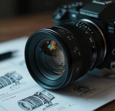 A close-up, artistic shot of a professional cinema lens focusing on a storyboard sketch. The lighting is high-contrast with teal blue highlights and charcoal shadows. The image captures the detail and precision of sophisticated video storytelling and high-quality production equipment.