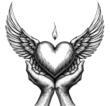 “Ilustración vintage dibujada a mano de manos sosteniendo un corazón alado con una pequeña llama.”