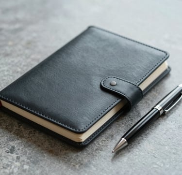 A close-up, sophisticated shot of a high-quality leather notebook and a sleek pen on a polished stone surface. The composition is tight and minimalist. Lighting highlights textures and clean edges. Colors include deep charcoal (#1C2826) and light grey-teals (#A7C5C3).