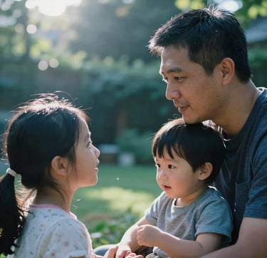 A close-up, authentic lifestyle photograph of a North American / US family playing in a light-filled garden. The image features soft blue light filtering through trees, creating a cinematic lens flare. The mood is deeply human and professional, focusing on a candid emotional interaction.