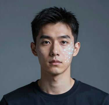 A high-end, professional studio portrait of a person with cinematic lighting, where one side of the face features a subtle, glowing digital network pattern. The background is a minimalist gradient of #1A202C and #3D5A80, exuding a modern and innovative tech-art fusion.