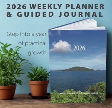 2026 Weekly Planner and Guided Journal A5 Hardcover on shelf next to two potted plants