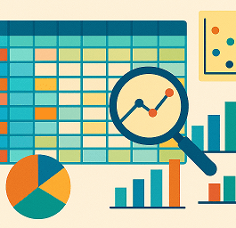 Colorful illustration of statistical tables and charts with a magnifying glass showing data trends.