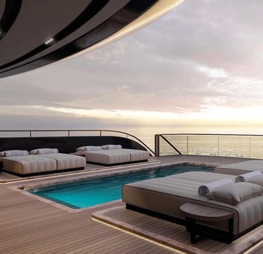 Luxury yacht sundeck with pool and daybeds at sunset