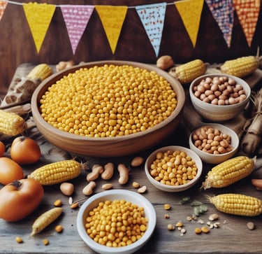 milhos e amendoins em uma mesa enfeitada com bandeirinhas