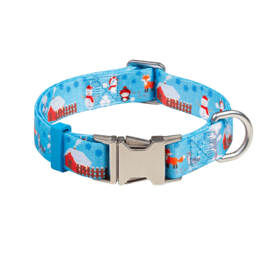 Pawnest® Frosty Friends blue dog collar – winter edition with metal buckle and recycled webbing.