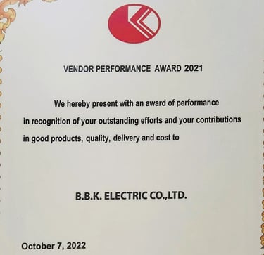 Performance winning award year 2021 for BBK Electric
