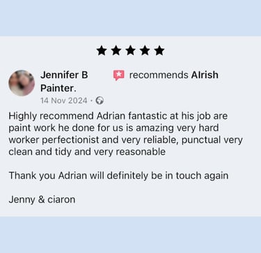 A 5-star customer review praising professional paint work by Alrish for being clean, tidy, and reliable.