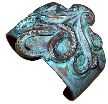 Steampunk Artisan Bracelet . Elaine Coyne Wearable Art Patina Sculptural Octopus Tapered Cuff Bracelet