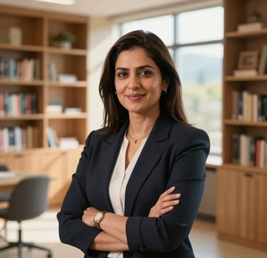 A warm, professional portrait of Deep Kaur, Director, in a bright, modern learning environment in British Columbia, surrounded by warm wood details and bookshelves, with soft morning window light.