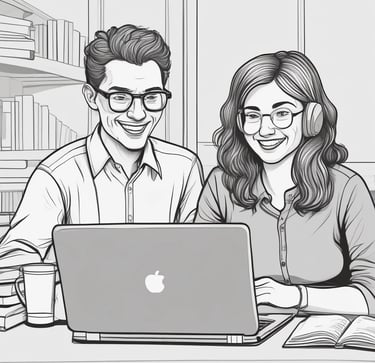 Illustration of a small group of adults collaborating and smiling over study notes.