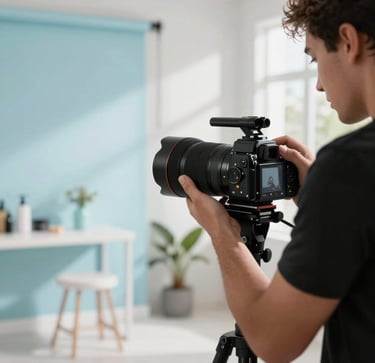 A social content creator photographing products in a modern studio environment in Florida with daylight and light blue styling accents.