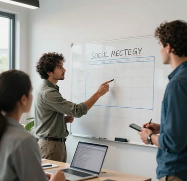A professional creative team in a bright Florida marketing studio discussing a social media strategy calendar on a white board with laptops nearby. Warm down-to-earth agency mood with light blue and grey tones. Real-world photography in North American US Florida.