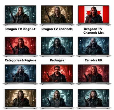 Grid of smart TVs displaying drogontv channels, movie packages, and regional streaming categories.