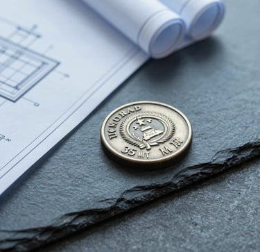 Macro detail of a technical blueprint and a legal seal on a slate desk, cool overcast daylight, desaturated blue tones, sharp focus, 35mm