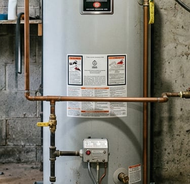 A Bradford White gas water heater with copper piping installed in a basement utility room.