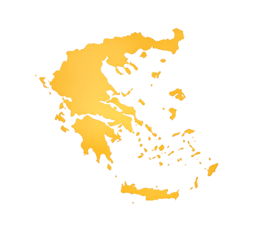 A minimalist golden yellow silhouette map of Greece centered on a solid black background.