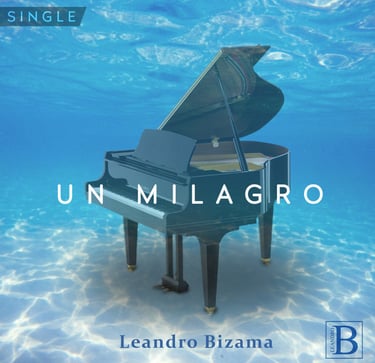 Cover of the Spanish single original song, Un Milagro, by Leandro Bizama, a piano underwater