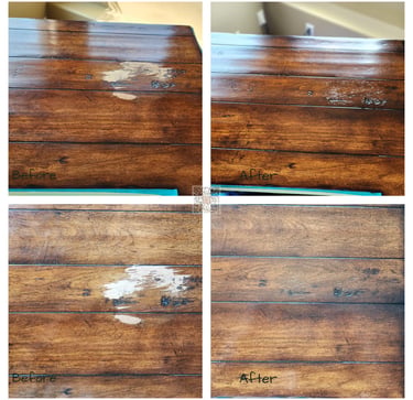 Before and after photos of a professional wood table repair and furniture refinishing project.