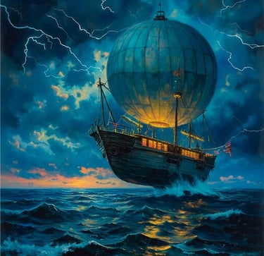 The airship Abigail rises above the ocean in stormy weather