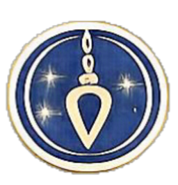 A mystical celestial logo featuring a golden pendulum against a blue starry night background.