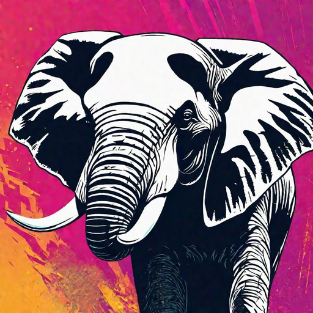 a black and white elephant standing in front of a pink and yellow background