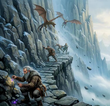 Horgath a guide to the Sky Breaker Stairs. On the stairs with dragons flying around. 