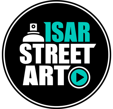 Isar Street Art logo featuring a spray paint can icon and play button on a black circular background.