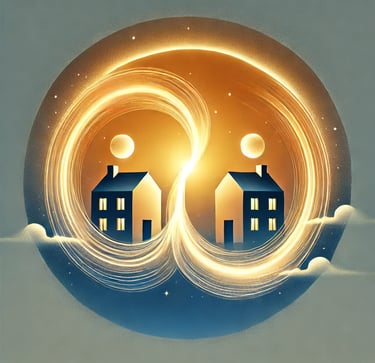 a couple of houses in a circle with a sun setting