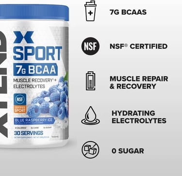 Xtend Sport Blue Raspberry BCAA powder with electrolytes for muscle recovery and hydration.