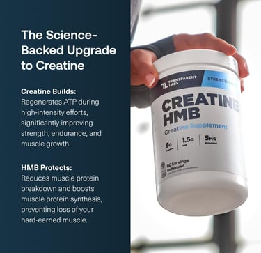 Transparent Labs Creatine HMB supplement bottle for muscle growth and strength training.