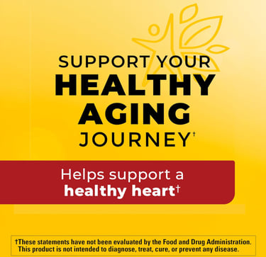 Yellow nutritional supplement graphic for healthy aging and heart health support.