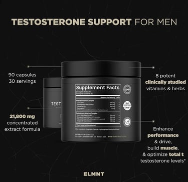 Testosterone support for men supplement bottle showing facts label with ashwagandha and fenugreek.