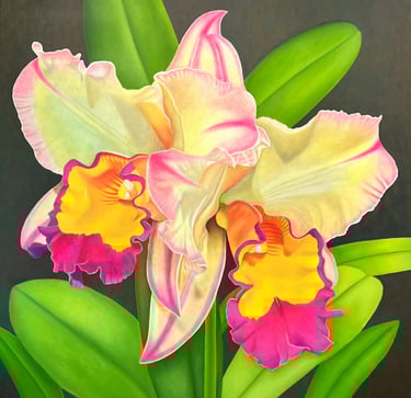 Large-scale orchid painting by Christine Knize, Orchidelirium series, 72 x72, contemporary realism