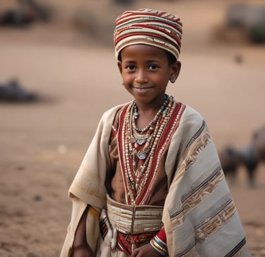 A child wearing a traditional outfit adorned with intricate beads and decorations stands prominently. The headpiece features black fabric with white beads, silver ornaments, and red accents. In the background, more children are wearing similar attire, slightly out of focus.