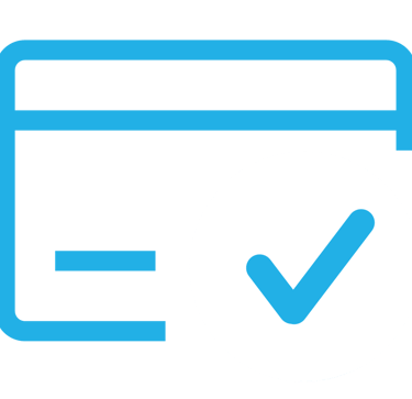 Blue payment icon: credit card with blue check on white circle background.