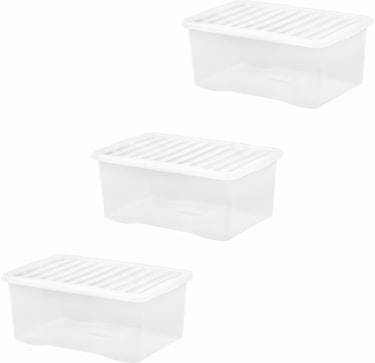 a set of three plastic storage boxes with a white plastic lid