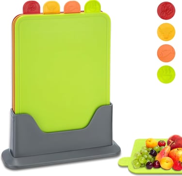a cutting board with a cutting board and fruit
