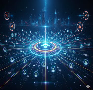 Uma paisagem urbana com muitos tipos diferentes de pessoa que se conectam via plataforma..