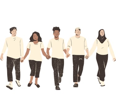 eine Gruppe diverser Menschen, die Hand in Hand zusammen laufen