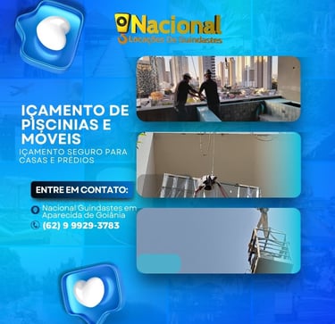 Equipe da Nacional Locação de Guindastes realizando içamento de piscinas e móveis