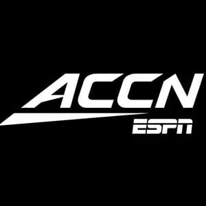 White ACC Network and ESPN logo on a solid black background for sports broadcasting.
