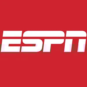 The official white ESPN logo displayed on a solid red background for sports broadcasting.