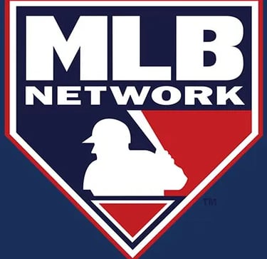 Official MLB Network logo featuring a baseball player silhouette inside a blue and red diamond home plate shape.
