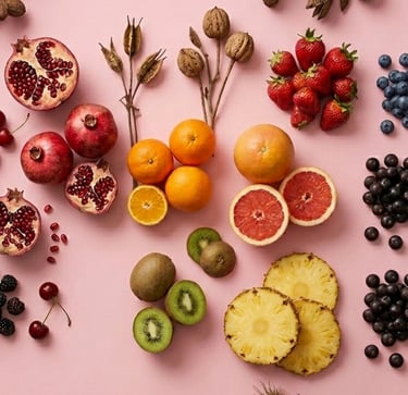Flat lay of fresh fruits including pomegranates, berries, and citrus on a pink background.
