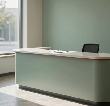 Calm clinic reception desk viewed from across the room, north-facing daylight streaming through a window to the left, uncluttered surface with a notepad and pen, muted sage green wall in background, warm stone-gray flooring
