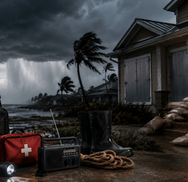 Hurricane emergency kit with supplies outside a boarded-up house during a tropical storm.