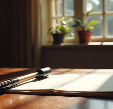 An open blank journal and fountain pen on a sunlit wooden desk in a home office.