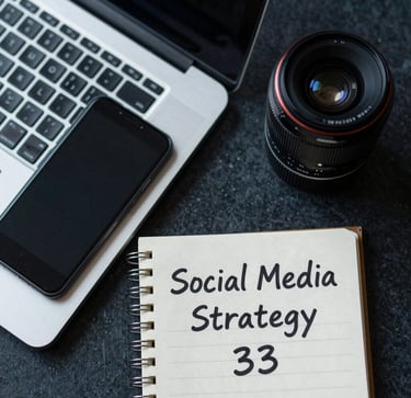 A beautiful flat lay of a laptop, a smartphone, and a notepad with 'Social Media Strategy' written in Spanish. Soft, professional lighting with blue tones.